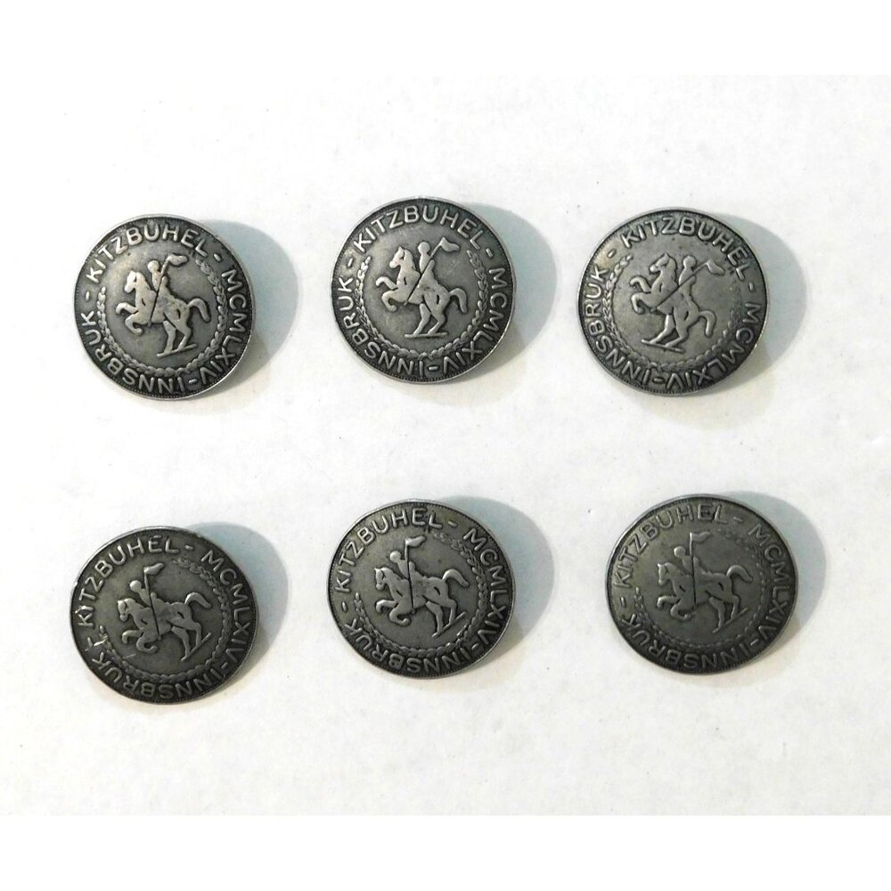 1964 Austrian Winter Olympics 6 Silver Tone Metal Buttons Vintage 1" Innsbruk